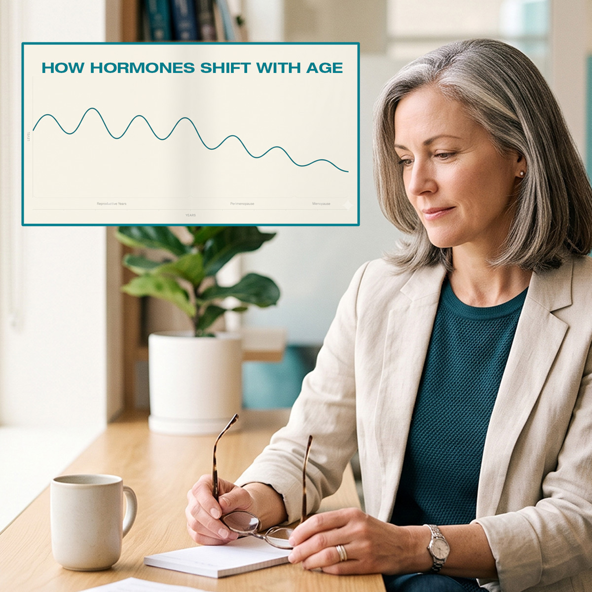 Illustrative: hormone levels swing through the reproductive years, grow erratic through perimenopause, then settle low in menopause — a single blood test catches only one point on a moving curve.
